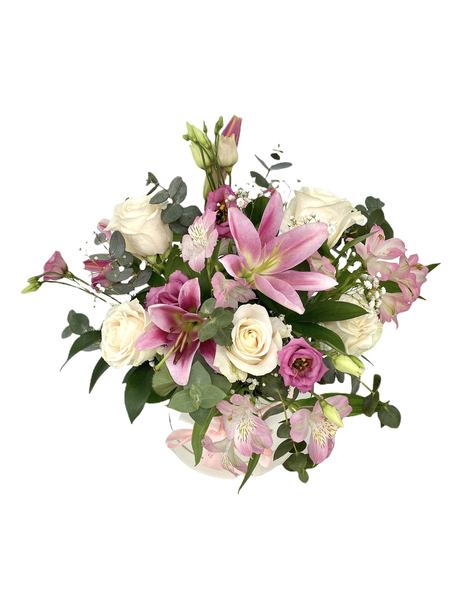 Pastel – Lilium, rosas y astromelias – Caja floral – Bella Rosa
