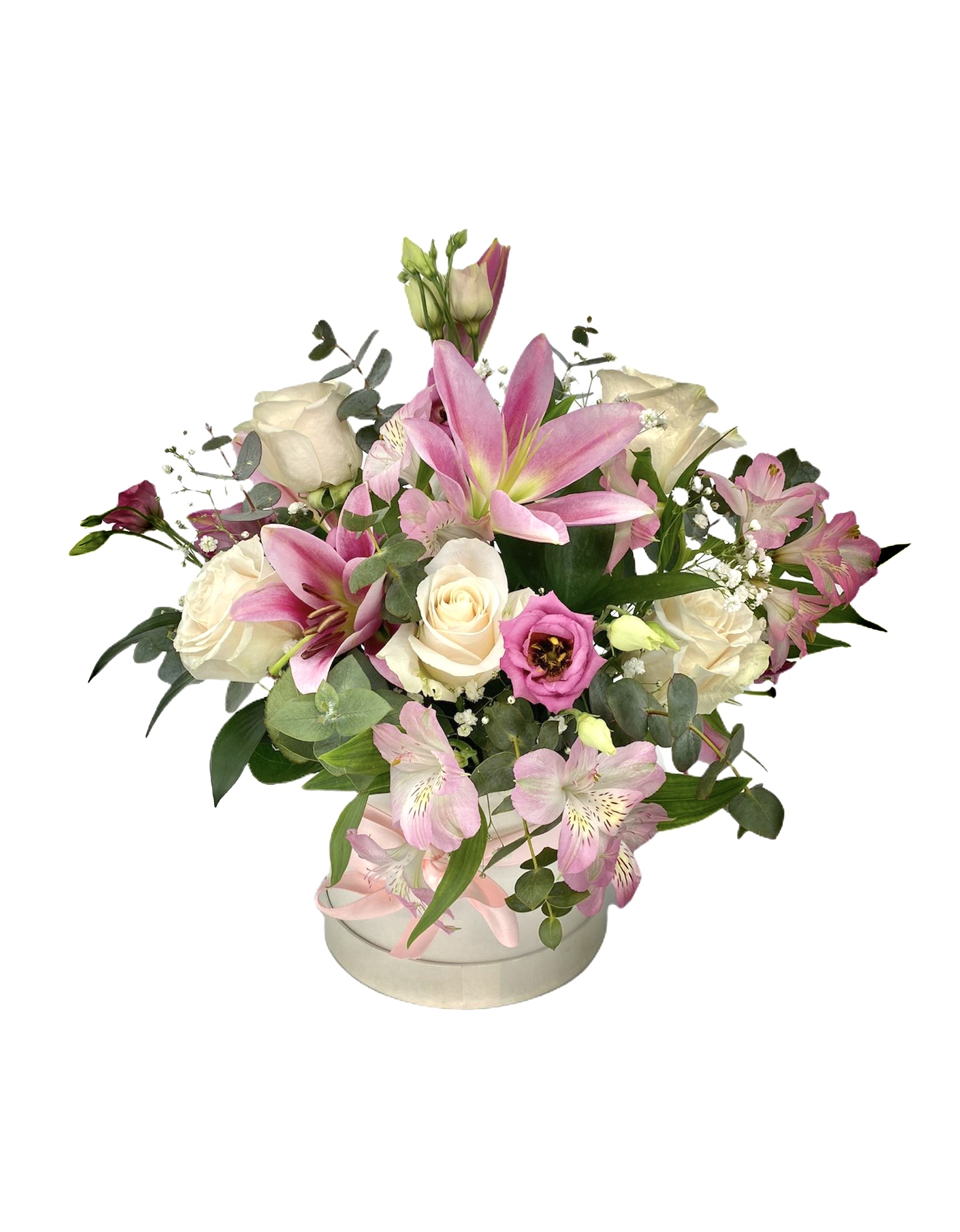 Pastel – Lilium, rosas y astromelias – Caja floral – Bella Rosa
