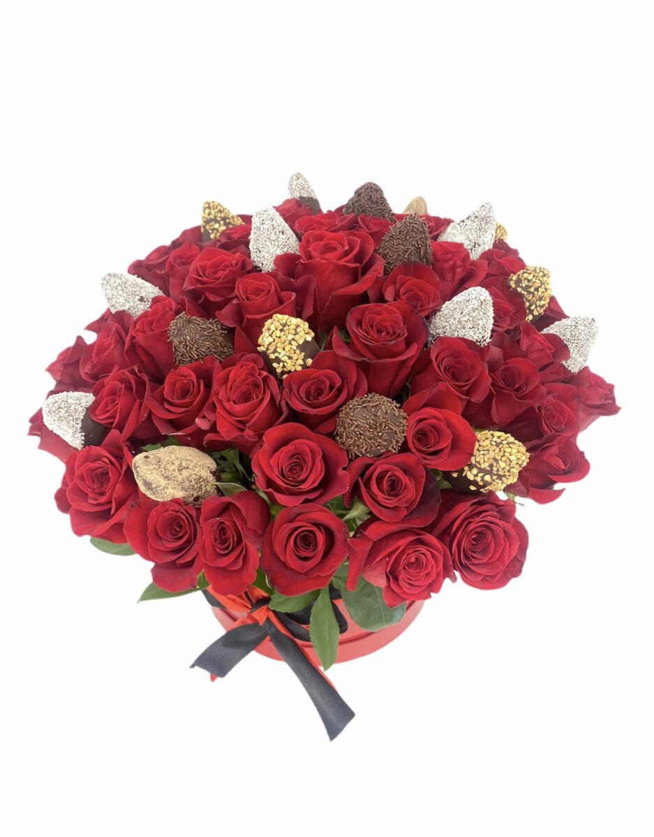 Combo Irresistible - 50 Rosas Rojas y Fresas con chocolate