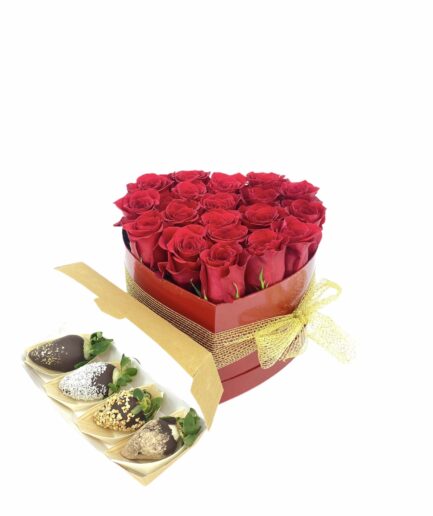 Combo San Valentín Fresa - Caja corazón con rosas rojas y fresas con chocolate