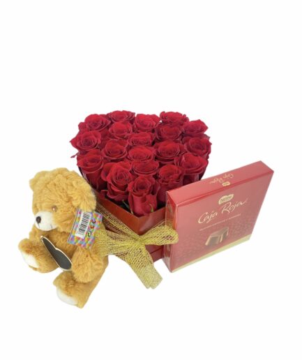 Combo San Valentín Mucho Amor – Peluche, caja de rosas y bombones