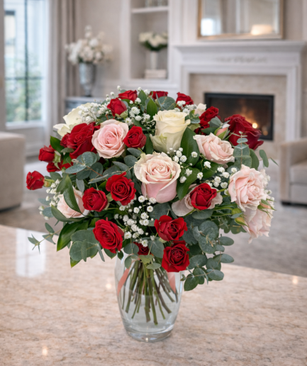 Génesis - Rosa roja, spray rosada y rosas blancas