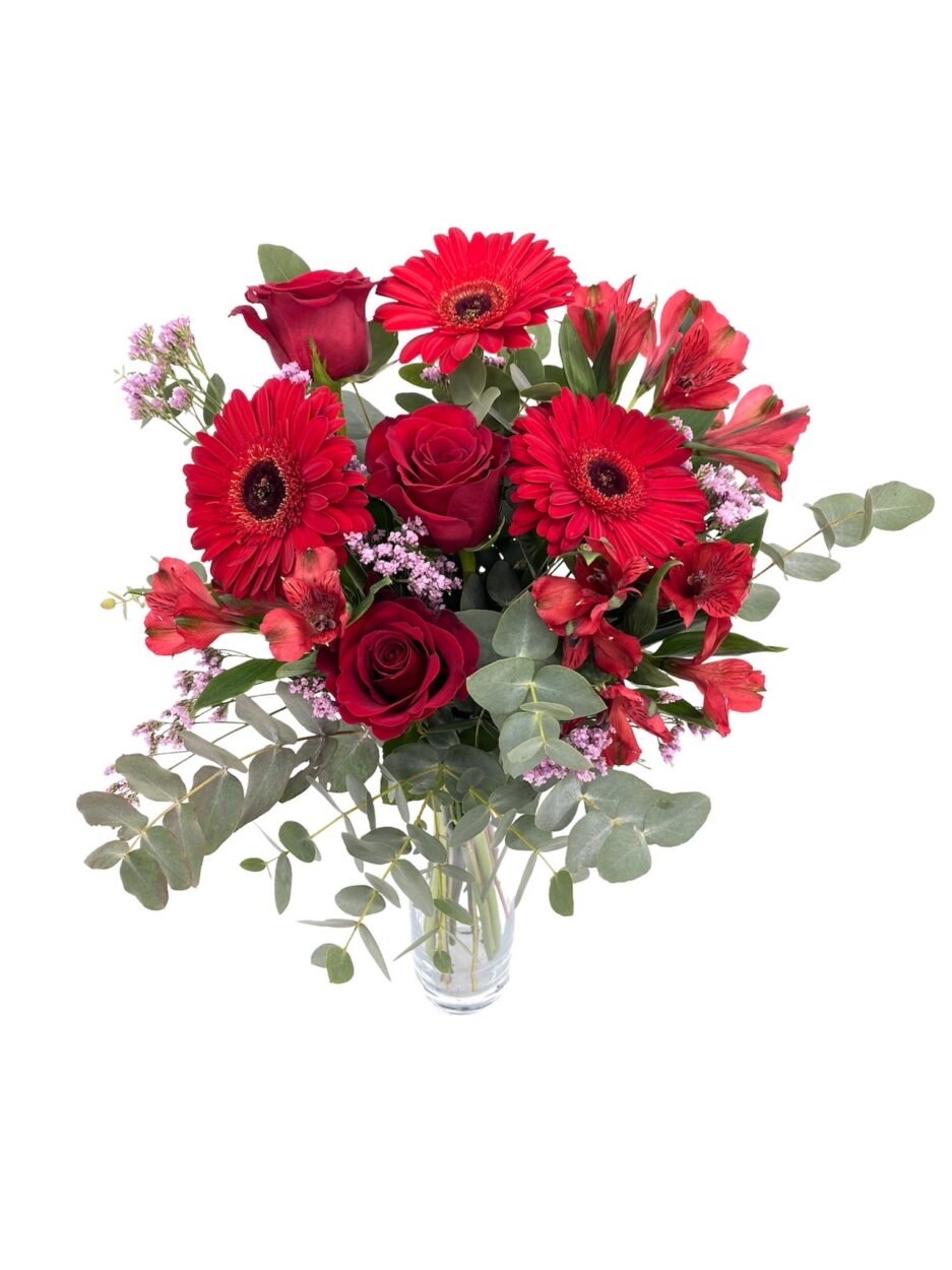 Fogoso - Ramo de flores rojas - Rosas, astromelias y gerberas