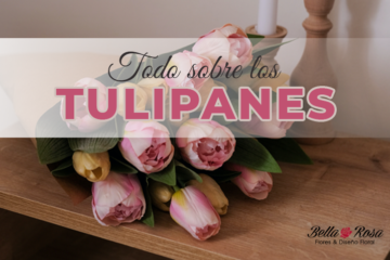 Ramo de tulipanes sobre mesa de madera