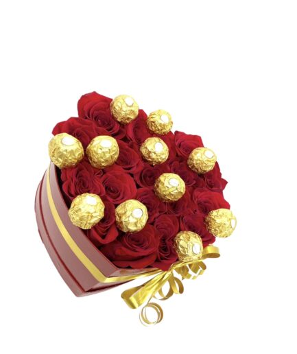 Encanto Rojo - Caja corazón con 18 rosas rojas y bombones